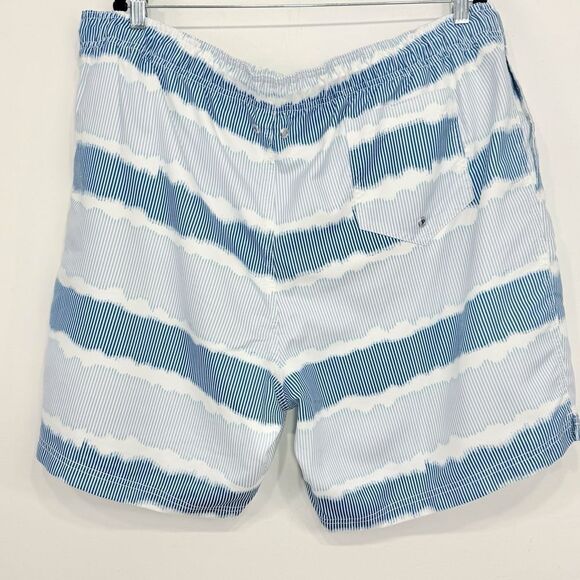 Land's End White Blue Squiggle Stripe Mesh Lined Drawstring Waist Swim Trunks - Picture 7 of 12